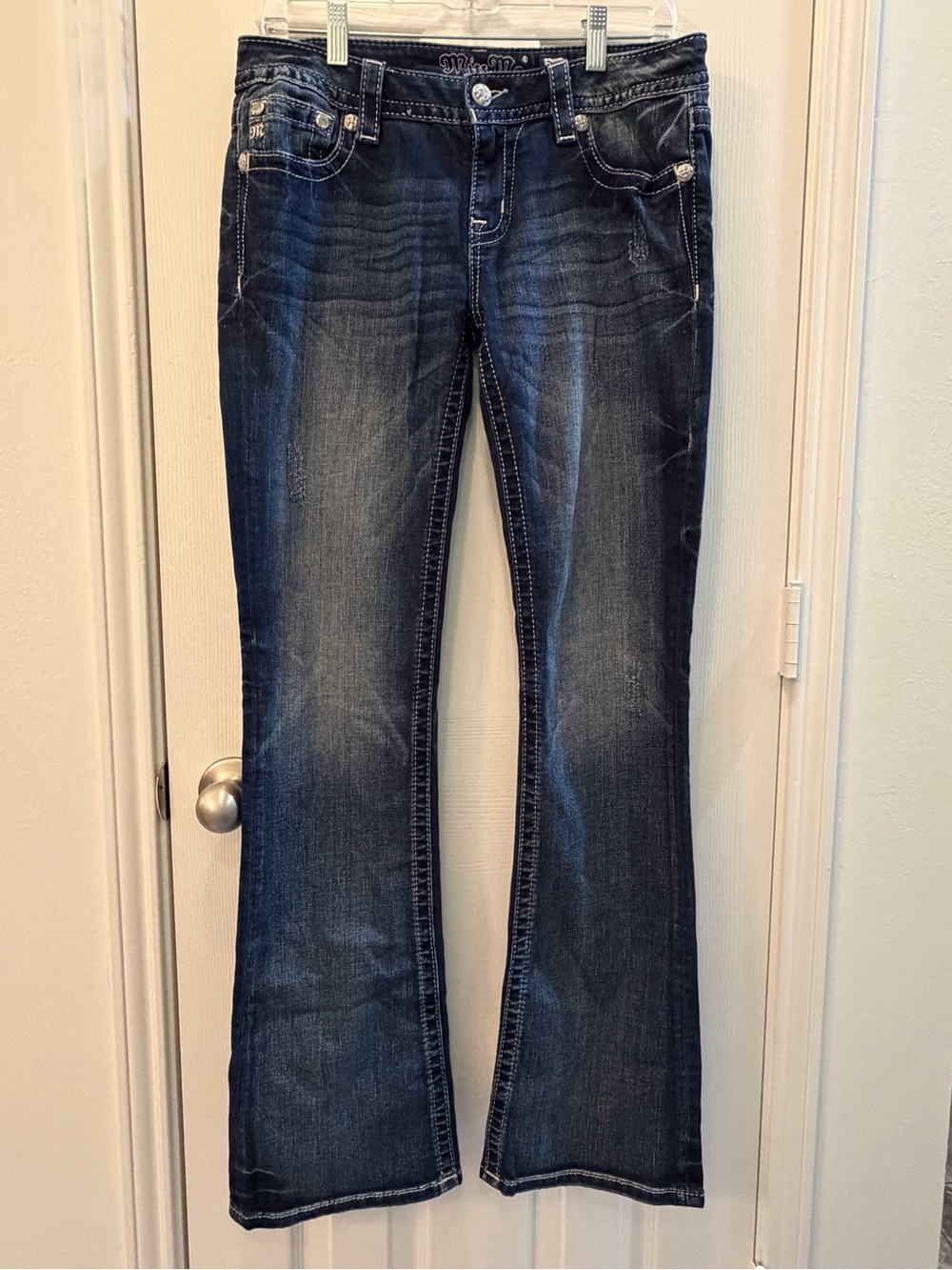 Miss Me 30 Boot Cut Denim Jeans Embellished Contrast Stitch Whiskers JP7775B